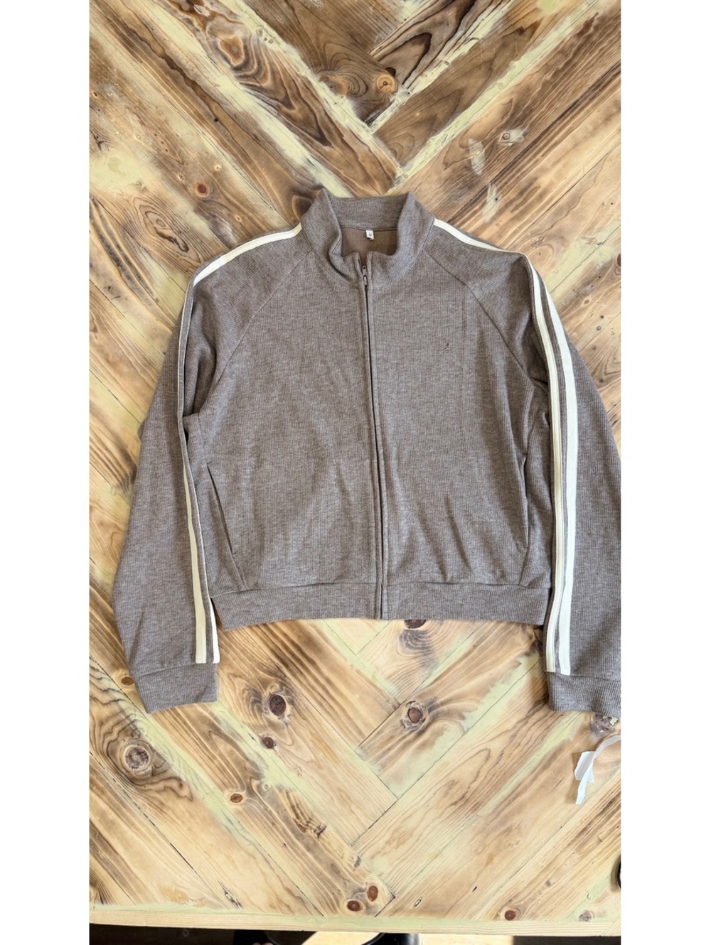 Halara Taupe zip-up track jacket with white side stripes 0531 - Picture 8 of 9